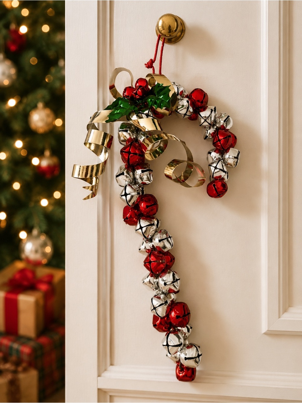 Vintage Red Silver Jingle Bell Candy Cane Door Hanger Christmas Holiday Decor